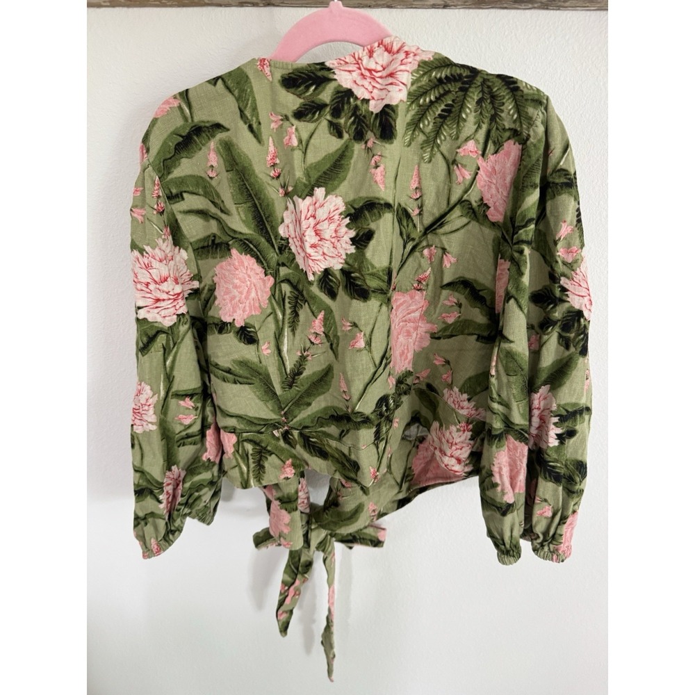 Agua Bendita Peony Floral Flowers Woman Sz XXL Green Tie Top Blush Linen Blend - Picture 3 of 4